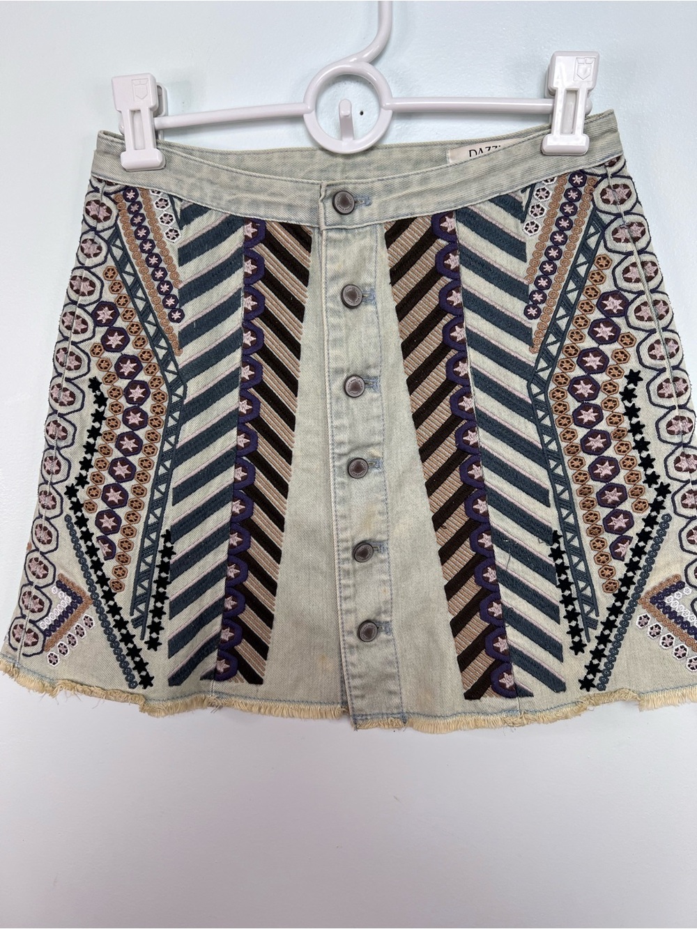 DAZZLE Embroidered Denim Mini Skirt Small 26 Button Front Raw Hem Boho Festival